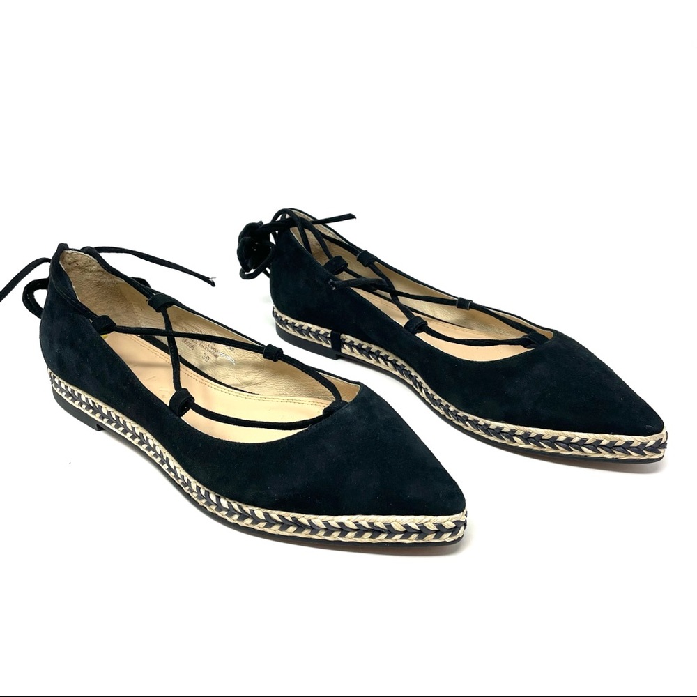 NEW Helia Made in Spain Black Suede Pointed Toe Lace zip Espadrille Flats EU 39